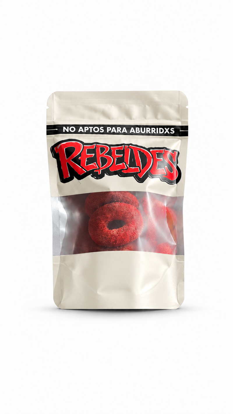 Aros de durazno y manzana verde enchilados Rebeldes 100 g